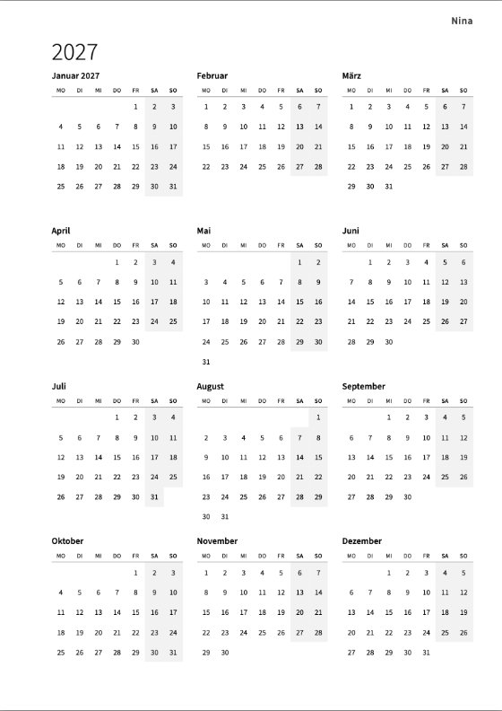 Der Jahreskalender 2027: zwölf kleine Monate auf einer Seite, jede Woche von Montag bis Sonntag