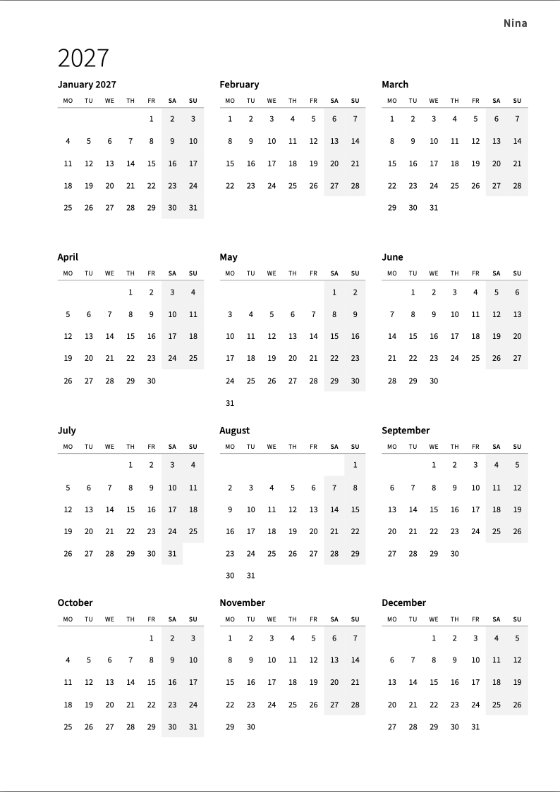 The 2027 year calendar: twelve small months on one page, every week Monday to Sunday