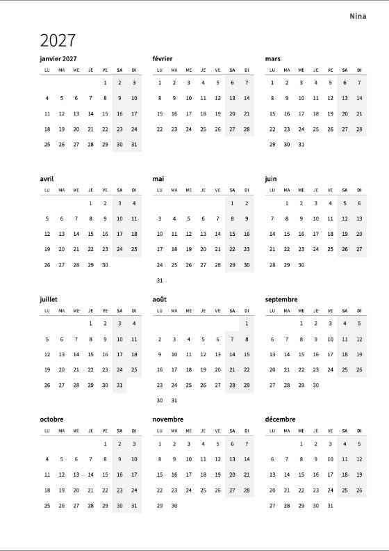 Le calendrier annuel 2027 : douze petits mois sur une page, chaque semaine du lundi au dimanche
