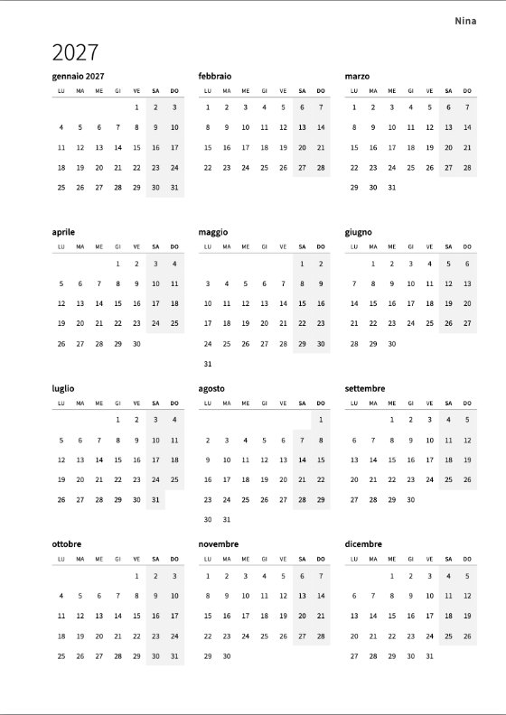 Il calendario annuale 2027: dodici piccoli mesi su una pagina, ogni settimana da lunedì a domenica