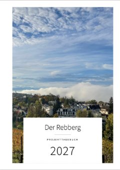 Umschlag mit dem Foto eines Rebbergs im Herbst über einem Dorf, dahinter Nebel: Der Rebberg, Projekttagebuch, 2027