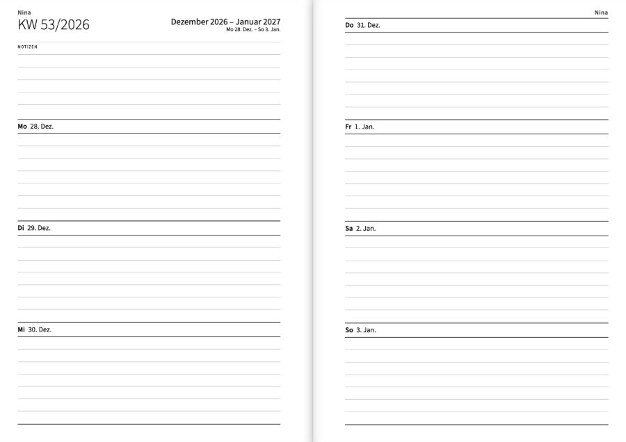 Die erste Woche der Agenda als Doppelseite: links Montag bis Mittwoch unter einem Feld für Notizen, rechts Donnerstag bis Sonntag, jeder Tag mit Linien; oben Monat und Kalenderwoche