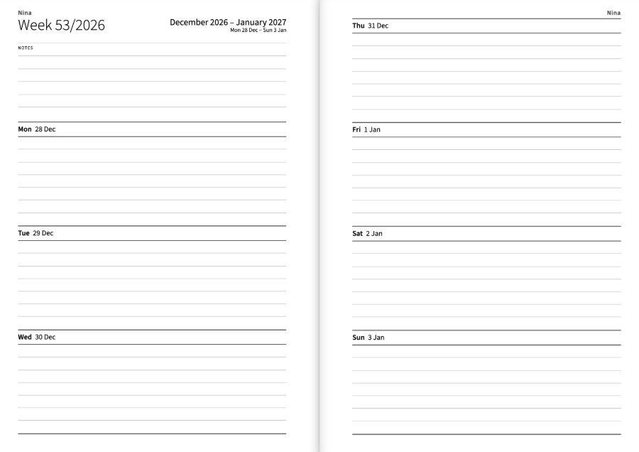 The planner’s first week as a double page: Monday to Wednesday on the left below a box for notes, Thursday to Sunday on the right, each day with lines; at the top the month and the week number