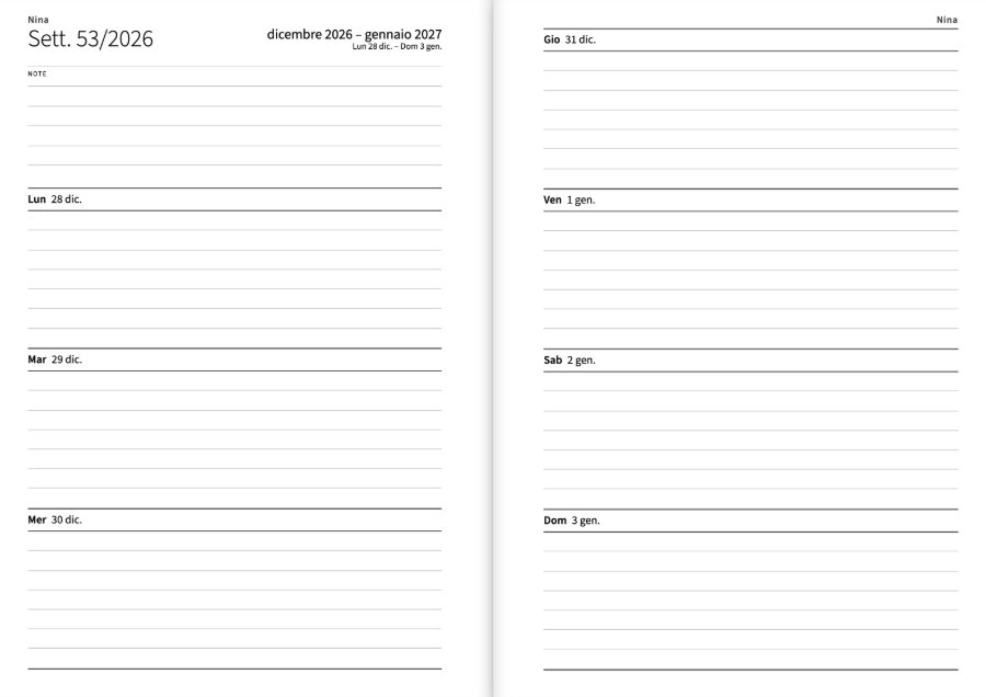 La prima settimana dell’agenda in doppia pagina: a sinistra da lunedì a mercoledì sotto uno spazio per le note, a destra da giovedì a domenica, ogni giorno con le righe; in alto il mese e il numero della settimana